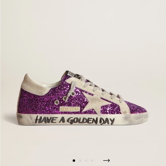 Golden Goose Shoes - GOLDEN GOOSE SUPER STAR PURPLE GLITTER & LETTERING ON FOXING “HAVE A GOLDEN DAY”